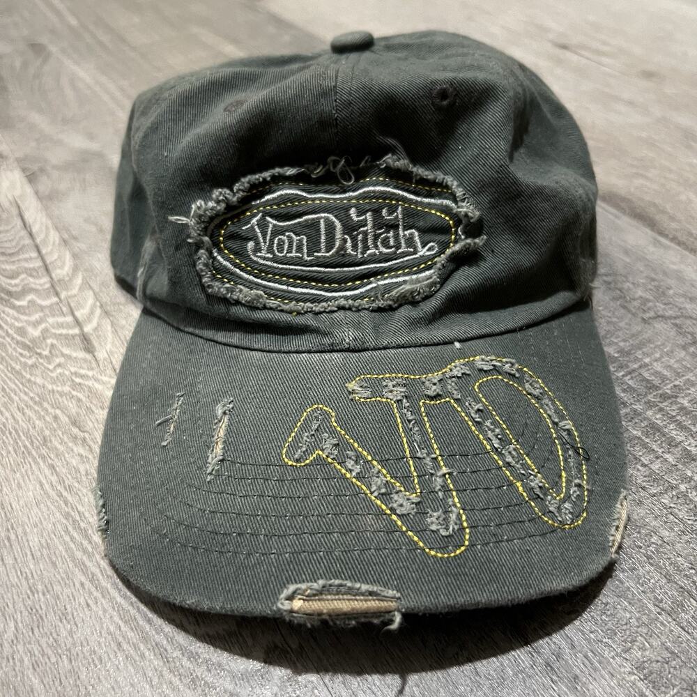 Von Dutch Hat Green Distressed Frayed Cap Army Cotton Strapback Dad Hat Faded